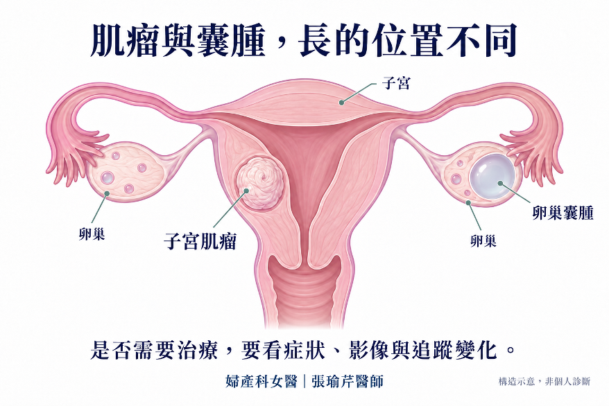 以子宮肌肉層內的肌瘤與卵巢剖面內的囊腫說明位置
