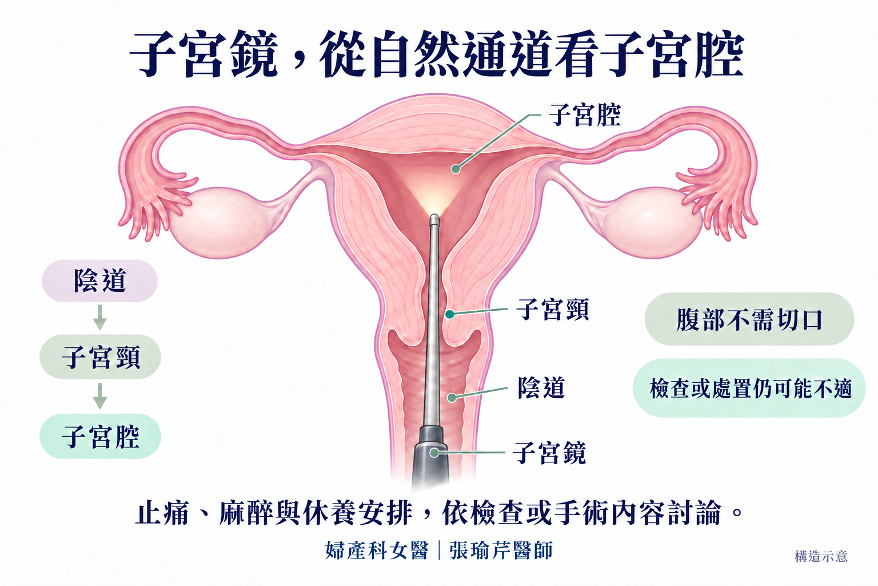 子宮鏡經陰道與子宮頸進入子宮腔，腹部不需切口