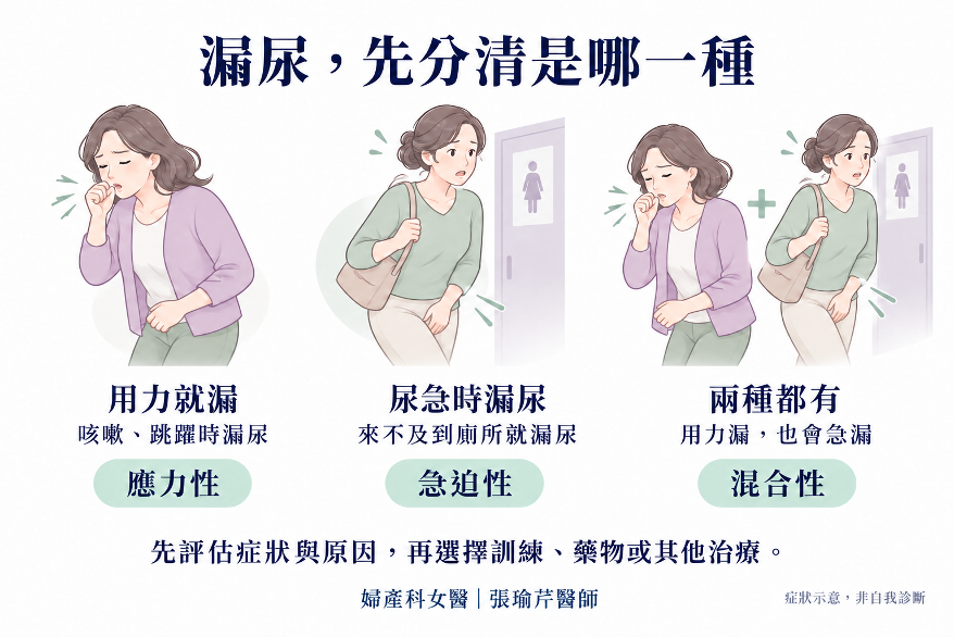 用力時漏尿、尿急時發生漏尿及兩者混合，需先分辨