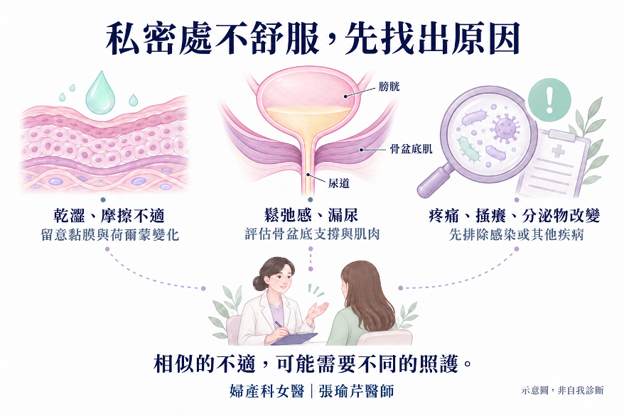 乾澀、鬆弛感、漏尿、疼痛或分泌物變化,可能需要不同評估