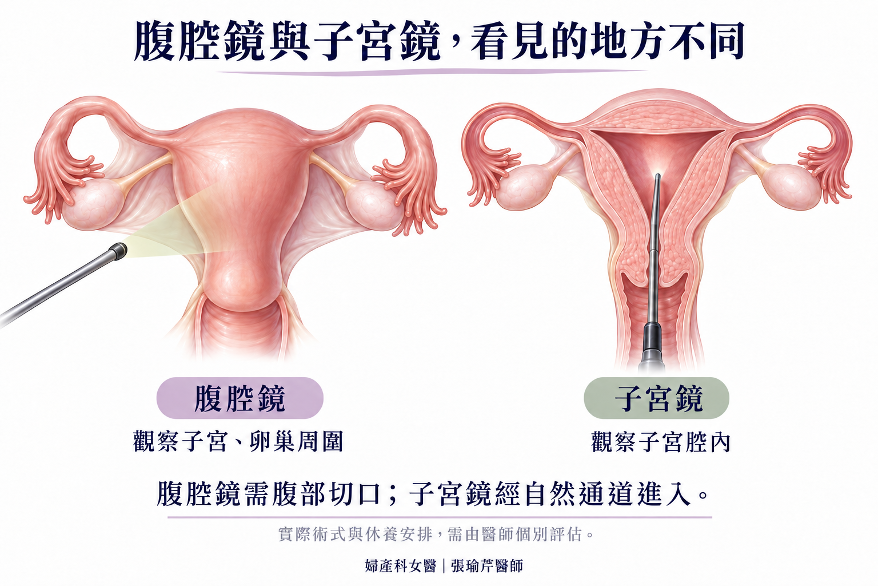 腹腔鏡經腹部切口觀察骨盆腔內器官,子宮鏡經自然通道觀察子宮腔